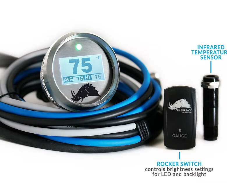 Digital temperature gauge with cables and IR gauge as sold on www.jel-design.com.  Shown with silver gage but available in other colors.